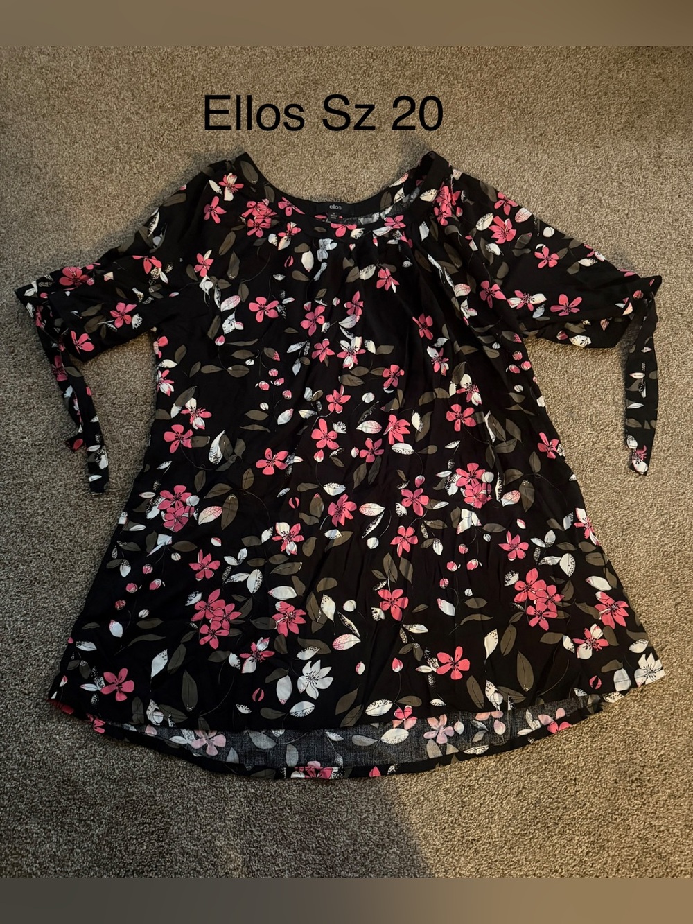 ellos Black Floral Tie-Sleeve Dress/shirt with Pink & White Flowers Sz 20